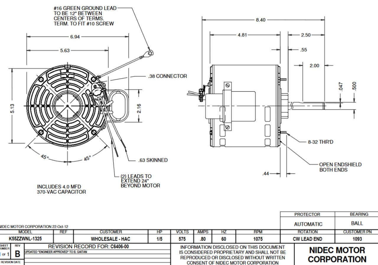 1093 Nidec 1/5 Hp 1075 RPM 575V 5.6" Dia. (No Base) 1-Speed ODP Condenser Motor 4 1093 Nidec 1/5 Hp 1075 RPM 575V 5.6" Dia. (No Base) 1-Speed ODP Condenser Motor - Image 2