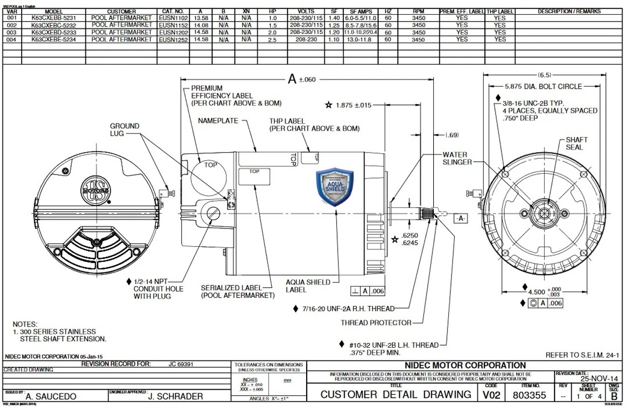 EUSN1102 US Motors 1 Hp 3450 RPM 56J 115/208-230V (ODP) High Efficiency Switchless Pool Pump Motor 4 EUSN1102 US Motors 1 Hp 3450 RPM 56J 115/208-230V (ODP) High Efficiency Switchless Pool Pump Motor - Image 2