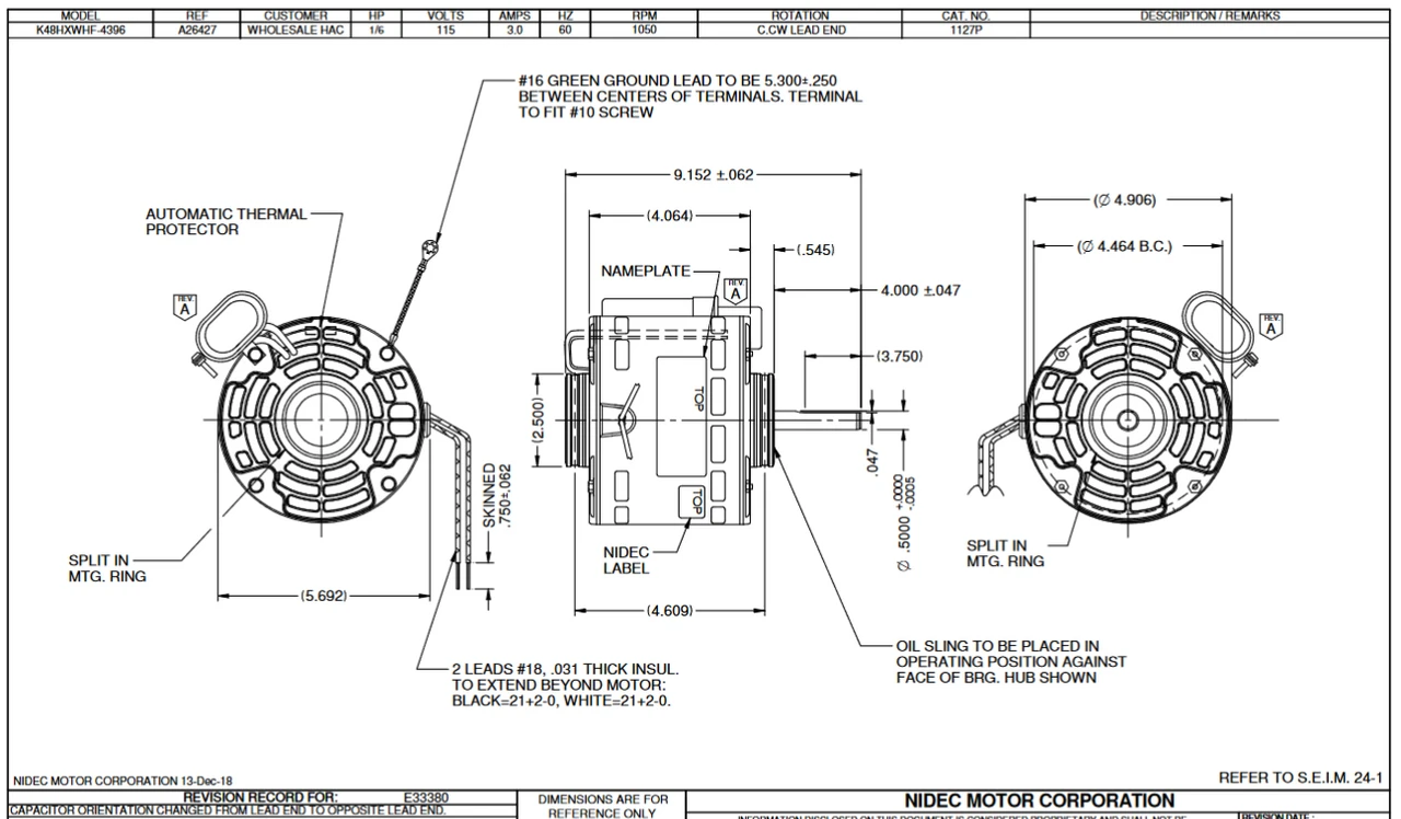 1127P Nidec 1/6 Hp 1050 RPM 115V 5.0" Dia. (No Base) 1-Speed OAO Fan Motor 4 1127P Nidec 1/6 Hp 1050 RPM 115V 5.0" Dia. (No Base) 1-Speed OAO Fan Motor - Image 2