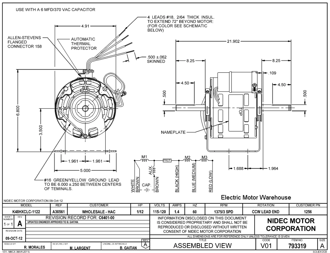 1256 Nidec | 1/12 Hp 1375 RPM 3-Speed 115-120V; 5" Blower Motor 4 1256 Nidec | 1/12 Hp 1375 RPM 3-Speed 115-120V; 5" Blower Motor - Image 2