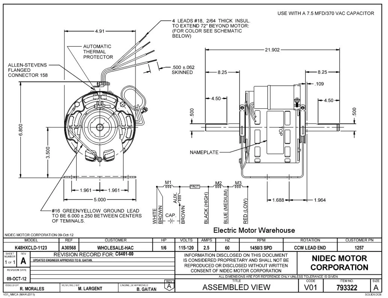 1257 Nidec | 0.167 Hp 1450 RPM 3-Speed 115-120V; 5" Blower Motor 4 1257 Nidec | 0.167 Hp 1450 RPM 3-Speed 115-120V; 5" Blower Motor - Image 2