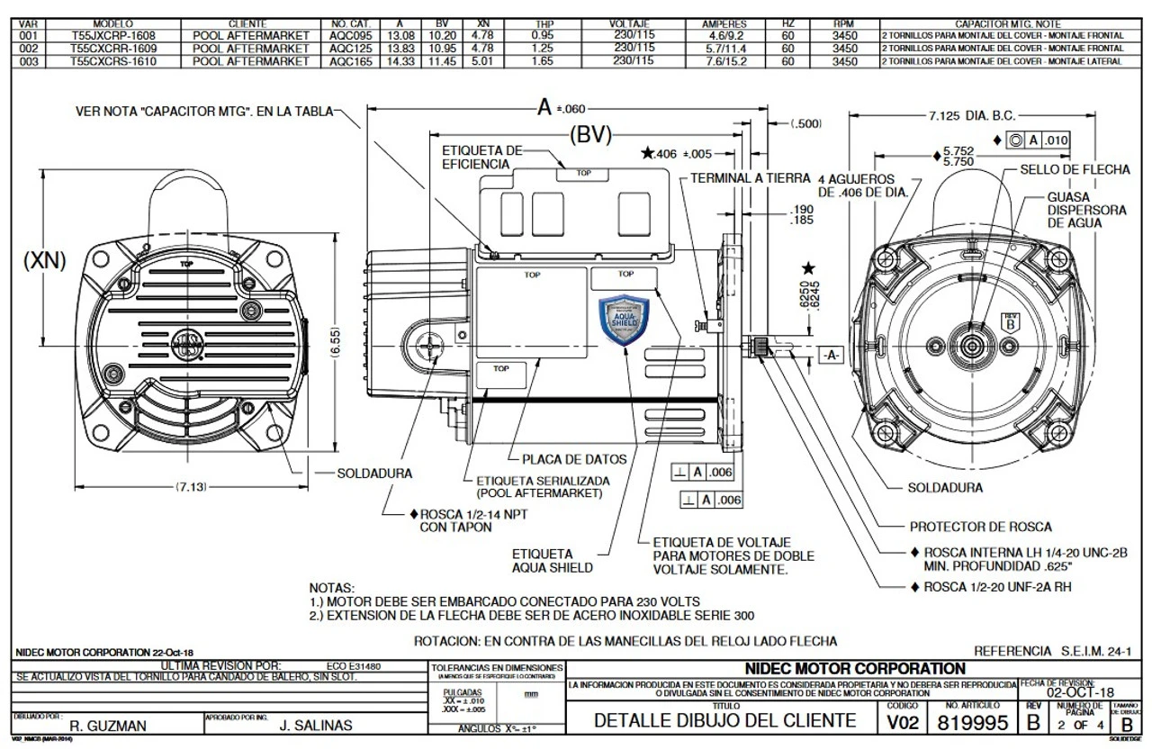 AQC125 US Motors 1 Hp 3450 RPM 48Y 115/230V Pool Pump Motor 3 AQC125 US Motors 1 Hp 3450 RPM 48Y 115/230V Pool Pump Motor