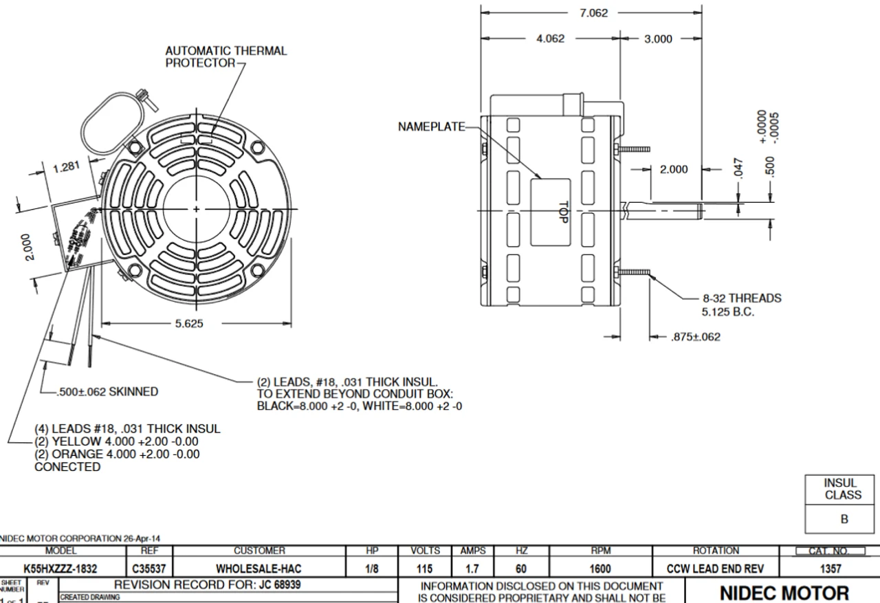 1357 Nidec 1/8 Hp 1600 RPM 115V 5.6" Dia. (No Base) 1-Speed Open Fan Motor 4 1357 Nidec 1/8 Hp 1600 RPM 115V 5.6" Dia. (No Base) 1-Speed Open Fan Motor - Image 2