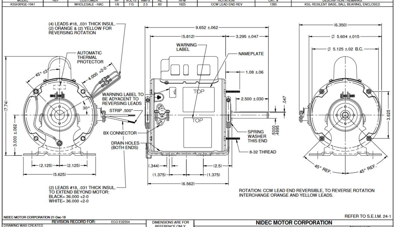 1385 Nidec 1/6 Hp 1625 RPM 230V 5.6" Dia. (Base) 1-Speed TEAO Unit Heater Motor 4 1385 Nidec 1/6 Hp 1625 RPM 230V 5.6" Dia. (Base) 1-Speed TEAO Unit Heater Motor - Image 2