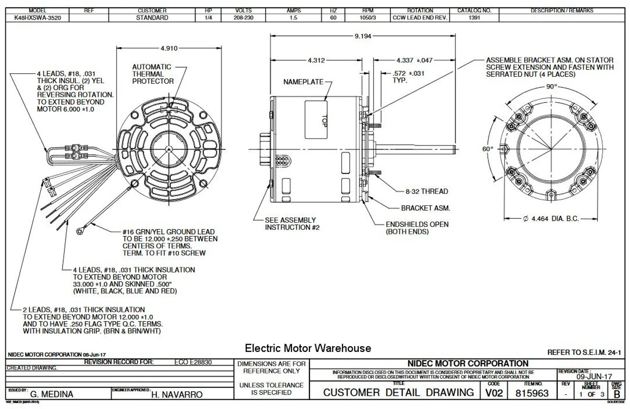 1391 Nidec | 1/4 Hp 1050 RPM 3-Speed 208-230V; 5.0" Blower Motor 4 1391 Nidec | 1/4 Hp 1050 RPM 3-Speed 208-230V; 5.0" Blower Motor - Image 2