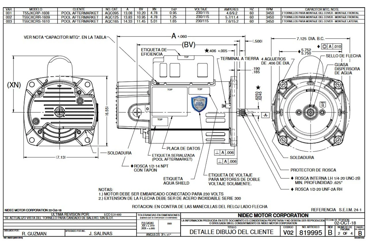 AQC165 US Motors 1 1/2 Hp 3450 RPM 48Y 115/230V Pool Pump Motor 3 AQC165 US Motors 1 1/2 Hp 3450 RPM 48Y 115/230V Pool Pump Motor