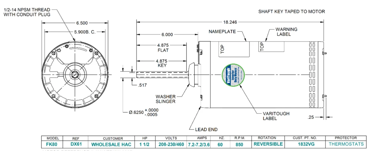 1832VG Nidec 1 1/2 Hp 835 RPM 208-230/460V 56YZ Frame (No Base) 1-Speed OAO 3-Phase Inverter Motor 4 1832VG Nidec 1 1/2 Hp 835 RPM 208-230/460V 56YZ Frame (No Base) 1-Speed OAO 3-Phase Inverter Motor - Image 2