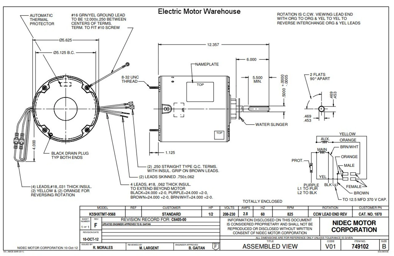 1870 Nidec | 1/2 Hp 825 RPM 1-Speed 208-230V; 5.6" Condenser Motor 4 1870 Nidec | 1/2 Hp 825 RPM 1-Speed 208-230V; 5.6" Condenser Motor - Image 2