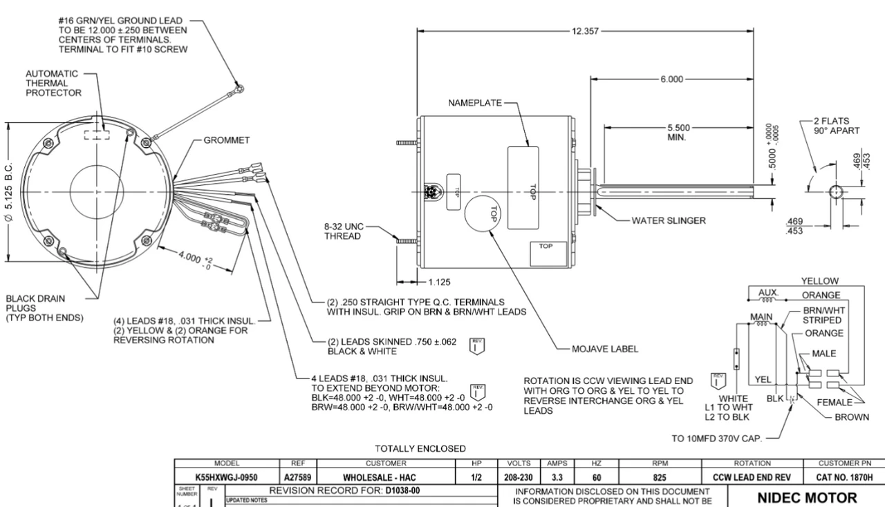 1870H Nidec 1/2 Hp 825 RPM 208-230V 5.6" Dia. (No Base) 1-Speed TEAO Condenser Motor 4 1870H Nidec 1/2 Hp 825 RPM 208-230V 5.6" Dia. (No Base) 1-Speed TEAO Condenser Motor - Image 2