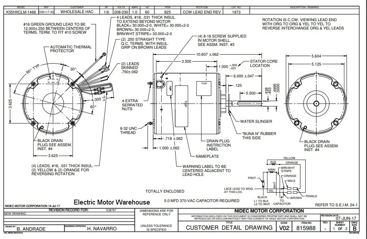 1873 Nidec | 1/6 Hp 825 RPM 1-Speed 208-230V; 5.6" Condenser Motor 4 1873 Nidec | 1/6 Hp 825 RPM 1-Speed 208-230V; 5.6" Condenser Motor - Image 2