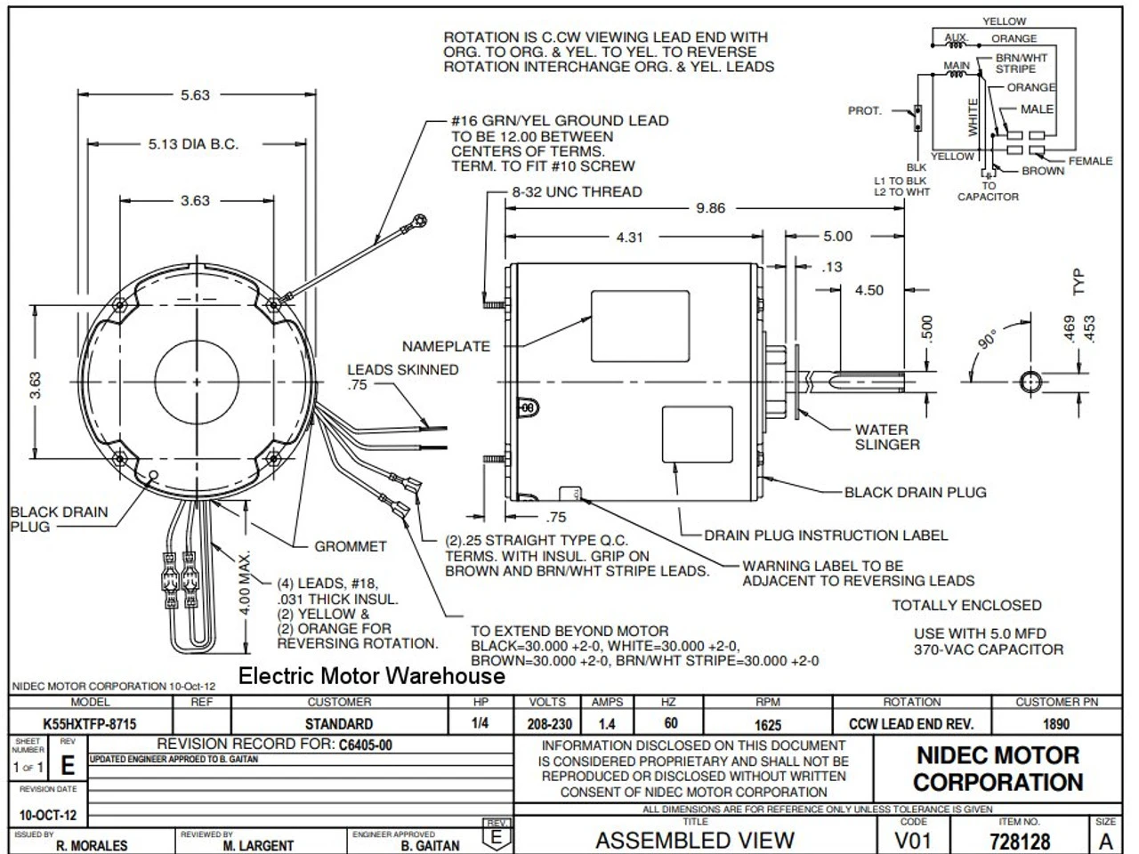 1890 Nidec | 1/4 Hp 1625 RPM 1-Speed 208-230V; 5.6" Condenser Motor 4 1890 Nidec | 1/4 Hp 1625 RPM 1-Speed 208-230V; 5.6" Condenser Motor - Image 2