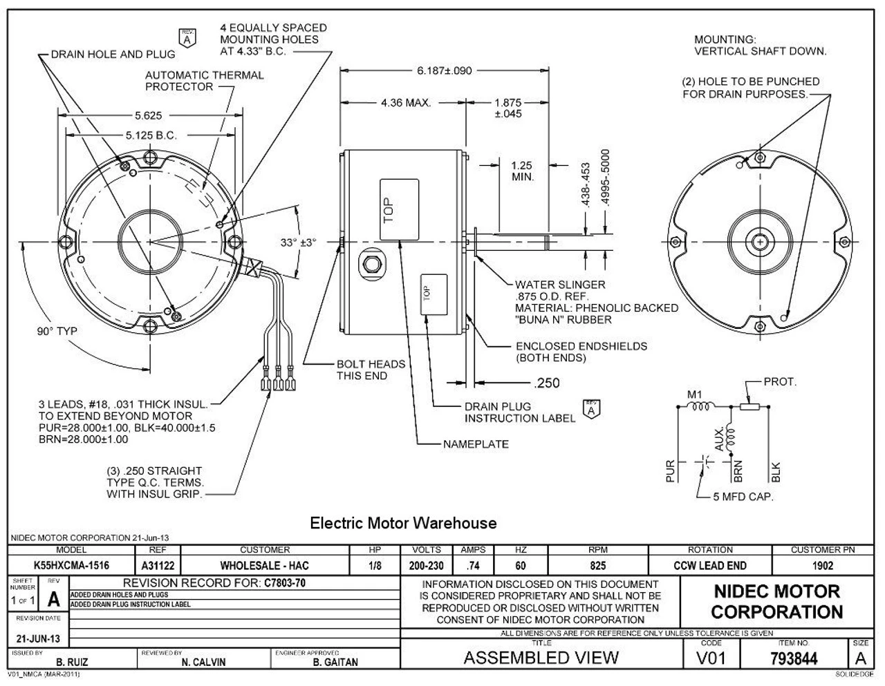 1902 Nidec | 1/8 Hp 825 RPM 1-Speed 200-230V; 5.6" Blower Motor 4 1902 Nidec | 1/8 Hp 825 RPM 1-Speed 200-230V; 5.6" Blower Motor - Image 2