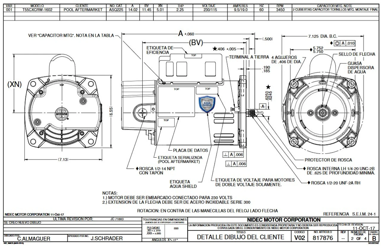 ASQ225 US Motors 2 Hp 3450 RPM 48Y 115/230V Pool Pump Motor 3 ASQ225 US Motors 2 Hp 3450 RPM 48Y 115/230V Pool Pump Motor
