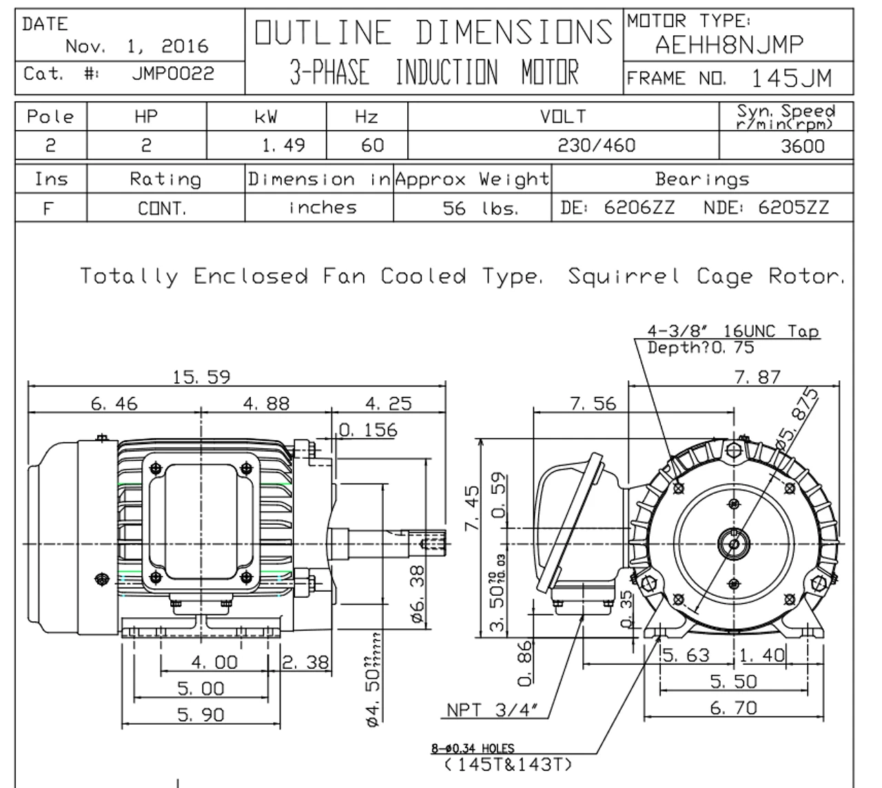 JMP0022 TECO Westinghouse 2 Hp 3600 RPM 143/145JM Cast Iron Frame 230/460V TEFC Close-Coupled 3-Phase Motor 4 JMP0022 TECO Westinghouse 2 Hp 3600 RPM 143/145JM Cast Iron Frame 230/460V TEFC Close-Coupled 3-Phase Motor - Image 2