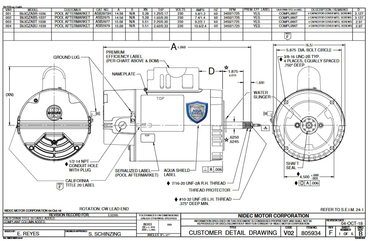 ASB2973 US Motors 1 1/4hp 3450/1725 RPM 56J 230V (ODP) High Efficiency Switchless Pool Pump Motor 4 ASB2973 US Motors 1 1/4hp 3450/1725 RPM 56J 230V (ODP) High Efficiency Switchless Pool Pump Motor - Image 2