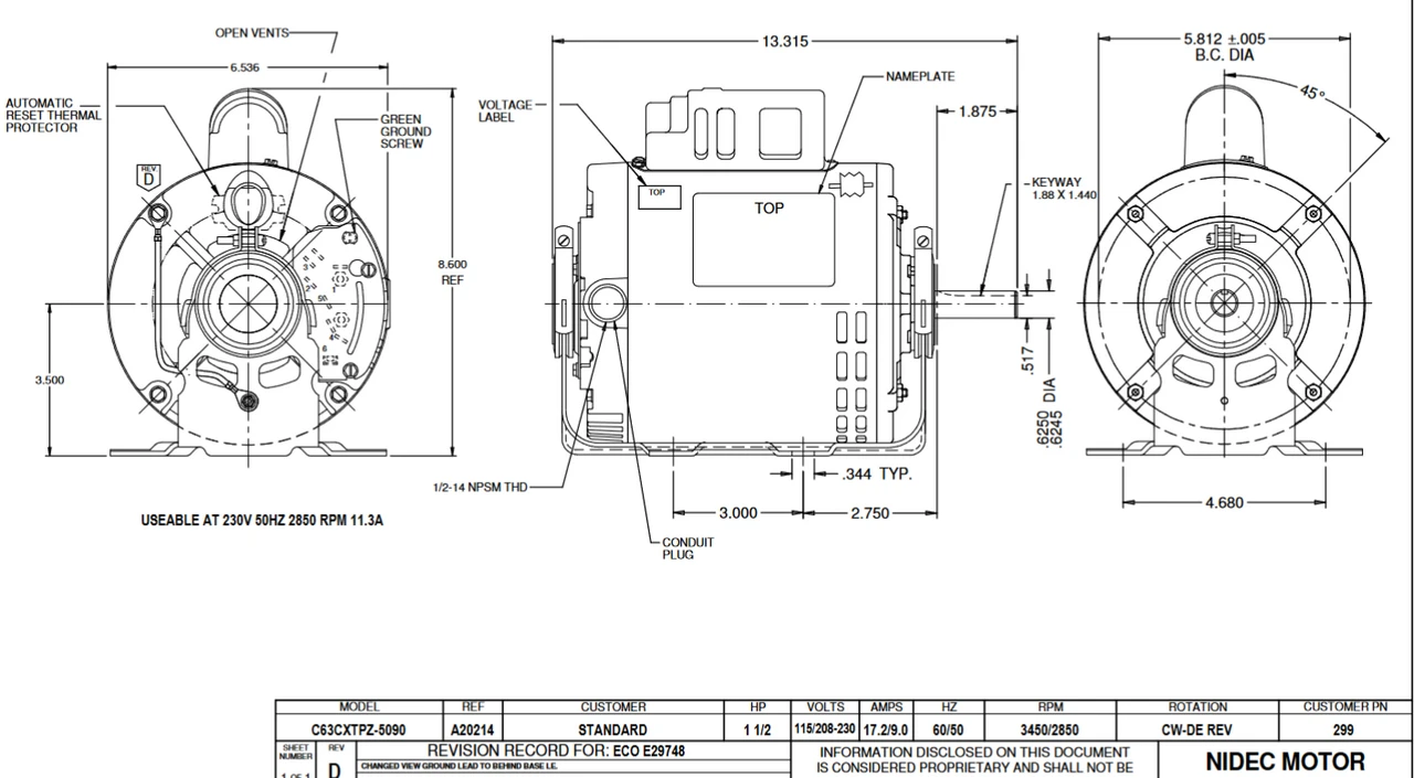 299 Nidec 1 1/2 Hp 3600 RPM 115/208-230V 5.6" Dia. (Base) 1-Speed ODP Belt Drive Motor 4 299 Nidec 1 1/2 Hp 3600 RPM 115/208-230V 5.6" Dia. (Base) 1-Speed ODP Belt Drive Motor - Image 2