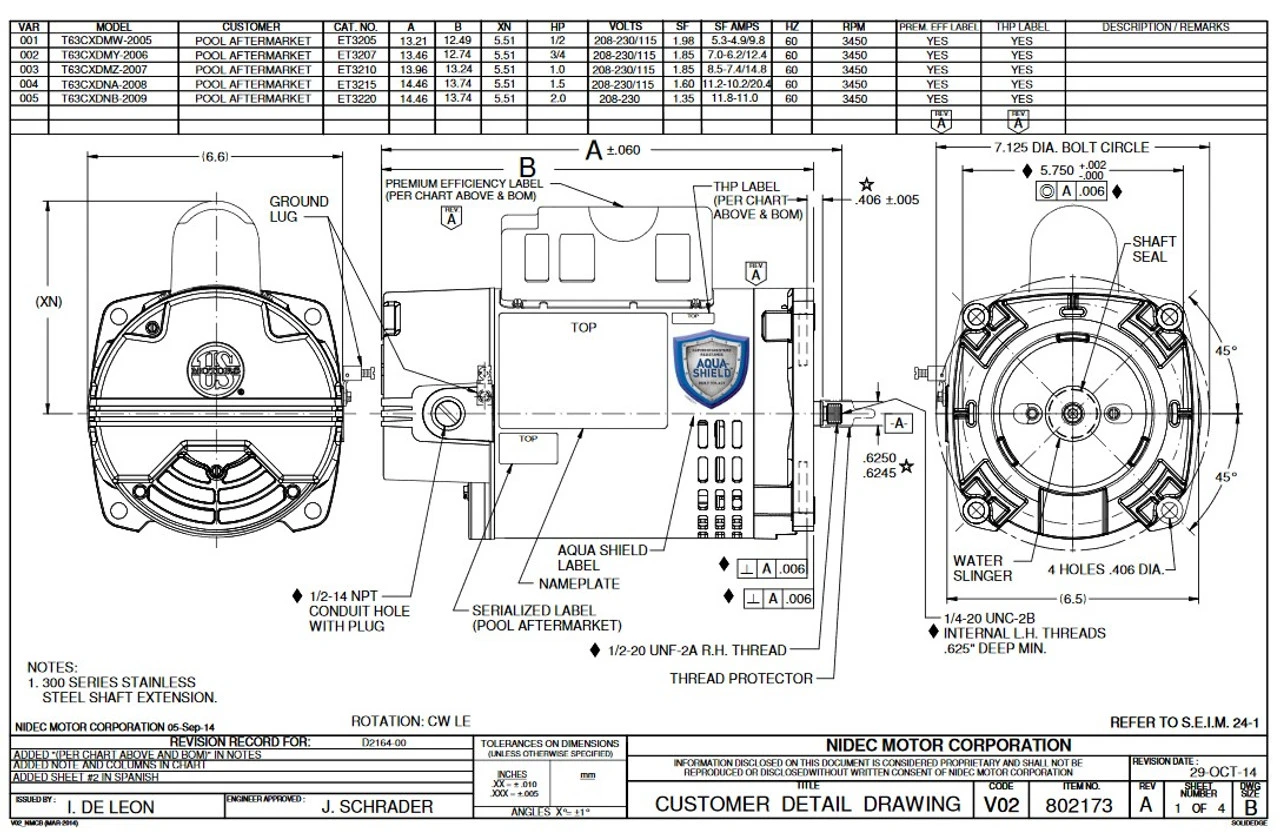 ET3215 US Motors 1 1/2 Hp ODP 3450 RPM 56Y 115/208-230V Hayward Replacement Pool Pump Motor 3 ET3215 US Motors 1 1/2 Hp ODP 3450 RPM 56Y 115/208-230V Hayward Replacement Pool Pump Motor