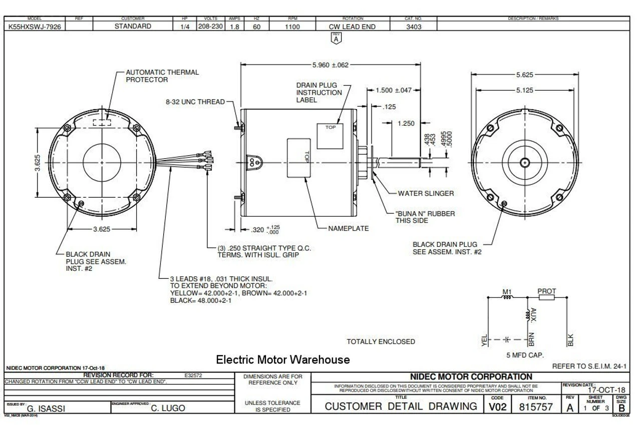 3403 Nidec | 1/4 Hp 1100 RPM 1-Speed 208-230V; 5.6" Blower Motor 5 3403 Nidec | 1/4 Hp 1100 RPM 1-Speed 208-230V; 5.6" Blower Motor - Image 3