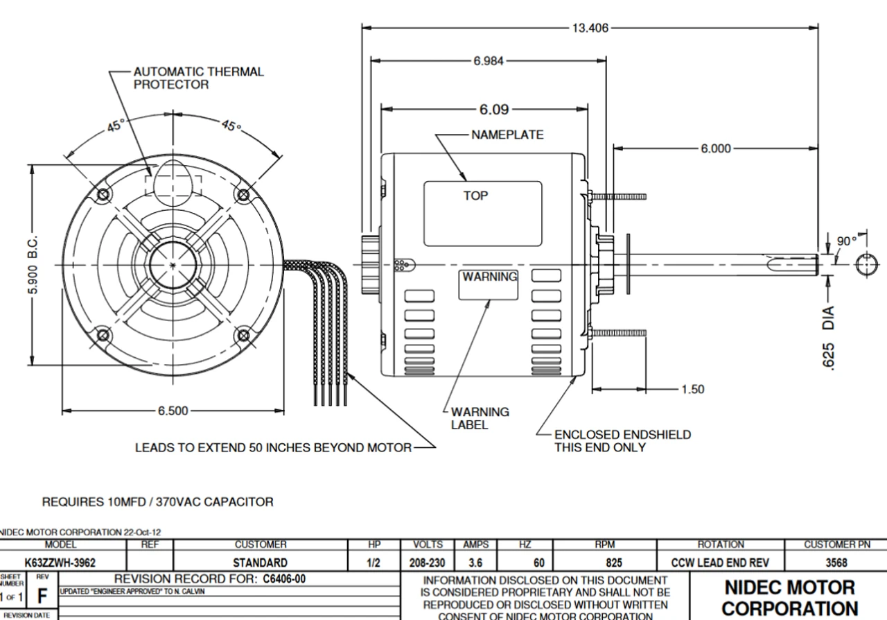 3568 Nidec 1/2 Hp 825 RPM 208-230V 6.5" Dia. (No Base) 1-Speed ODP Condenser Motor 4 3568 Nidec 1/2 Hp 825 RPM 208-230V 6.5" Dia. (No Base) 1-Speed ODP Condenser Motor - Image 2