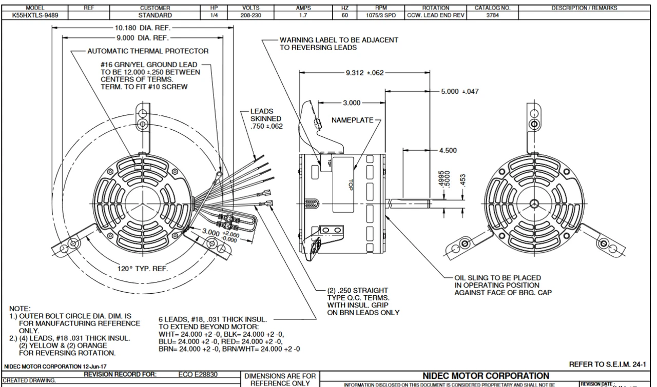 3784 Nidec 1/4 Hp 1075 RPM 208-230V 5.6" Dia. (No Base) 3-Speed OAO Fan Motor 4 3784 Nidec 1/4 Hp 1075 RPM 208-230V 5.6" Dia. (No Base) 3-Speed OAO Fan Motor - Image 2