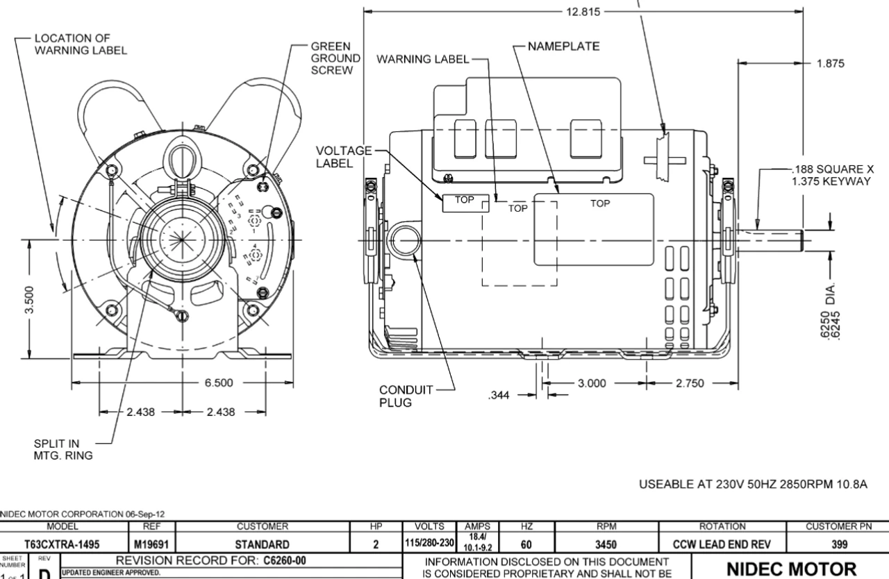 399 Nidec 1 1/2 Hp 3600 RPM 115/208-230V 5.6" Dia. (Base) 1-Speed ODP Belt Drive Motor 4 399 Nidec 1 1/2 Hp 3600 RPM 115/208-230V 5.6" Dia. (Base) 1-Speed ODP Belt Drive Motor - Image 2