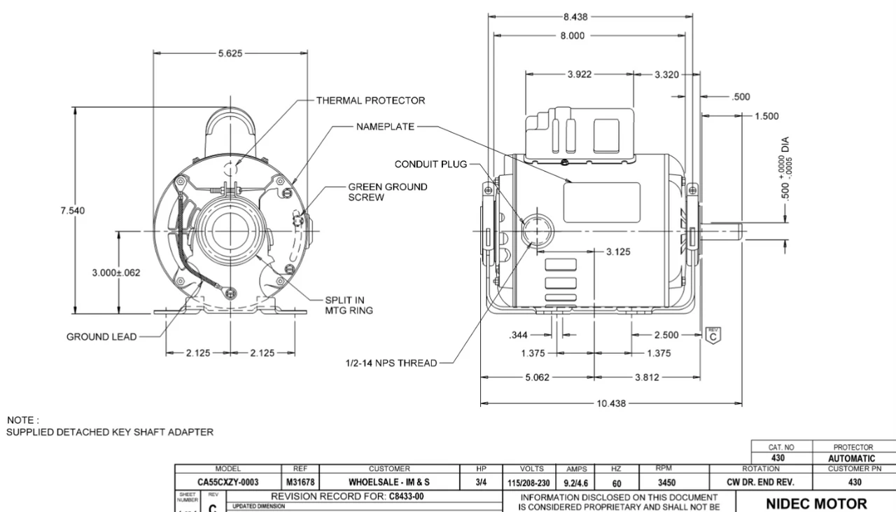 430 Nidec 3/4 Hp 3600 RPM 115/208-230V 5.6" Dia. (Base) 1-Speed ODP Belt Drive Motor 4 430 Nidec 3/4 Hp 3600 RPM 115/208-230V 5.6" Dia. (Base) 1-Speed ODP Belt Drive Motor - Image 2
