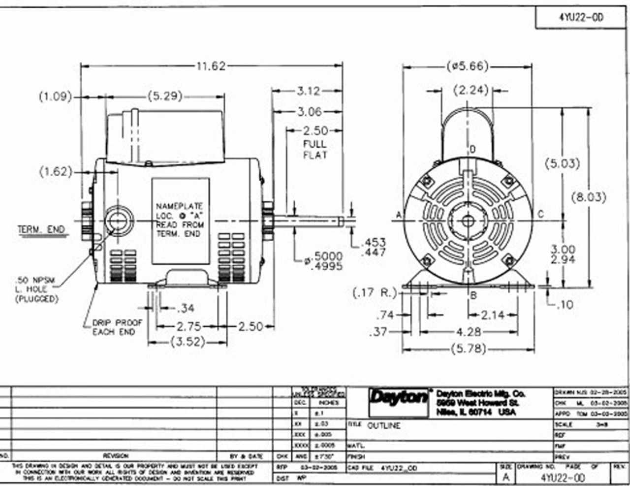4YU22 Dayton 1/2 HP Direct Drive Blower Motor 860 RPM 115/230V 5 4YU22 Dayton 1/2 HP Direct Drive Blower Motor 860 RPM 115/230V - Image 3