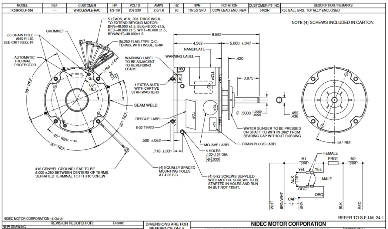 5462H Nidec Rescue 1/3 Hp 1075 RPM 208-230V 5.6" Dia. (No Base) 2-Speed TEAO Condenser Motor 4 5462H Nidec Rescue 1/3 Hp 1075 RPM 208-230V 5.6" Dia. (No Base) 2-Speed TEAO Condenser Motor - Image 2
