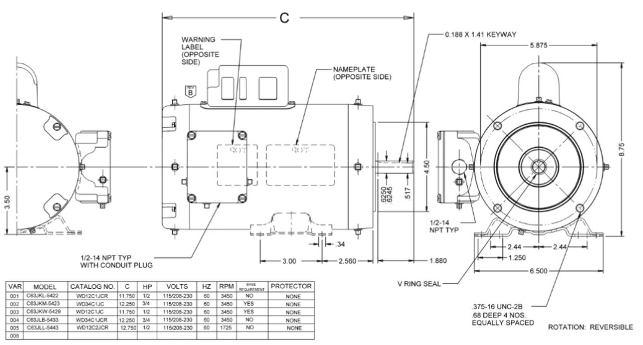 WD32C1JHC Nidec 1 1/2 Hp 3600 RPM 56HC White (Rigid Base) 115/208-230V TEFC 1-Phase Washdown Motor 4 WD32C1JHC Nidec 1 1/2 Hp 3600 RPM 56HC White (Rigid Base) 115/208-230V TEFC 1-Phase Washdown Motor - Image 2