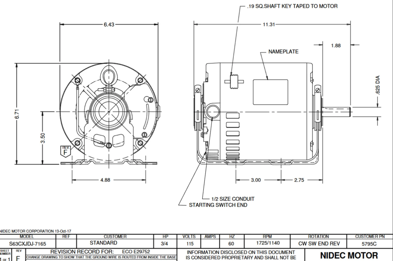 5795C Nidec 3/4 Hp 1800 RPM 115V 5.6" Dia. (Base) 2-Speed ODP Belt Drive Motor 4 5795C Nidec 3/4 Hp 1800 RPM 115V 5.6" Dia. (Base) 2-Speed ODP Belt Drive Motor - Image 2