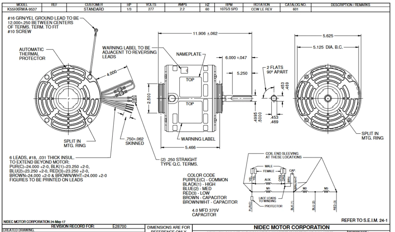 601 Nidec 1/3 Hp 1075 RPM 277V 5.6" Dia. (No Base) 3-Speed OAO Fan Motor 4 601 Nidec 1/3 Hp 1075 RPM 277V 5.6" Dia. (No Base) 3-Speed OAO Fan Motor - Image 2