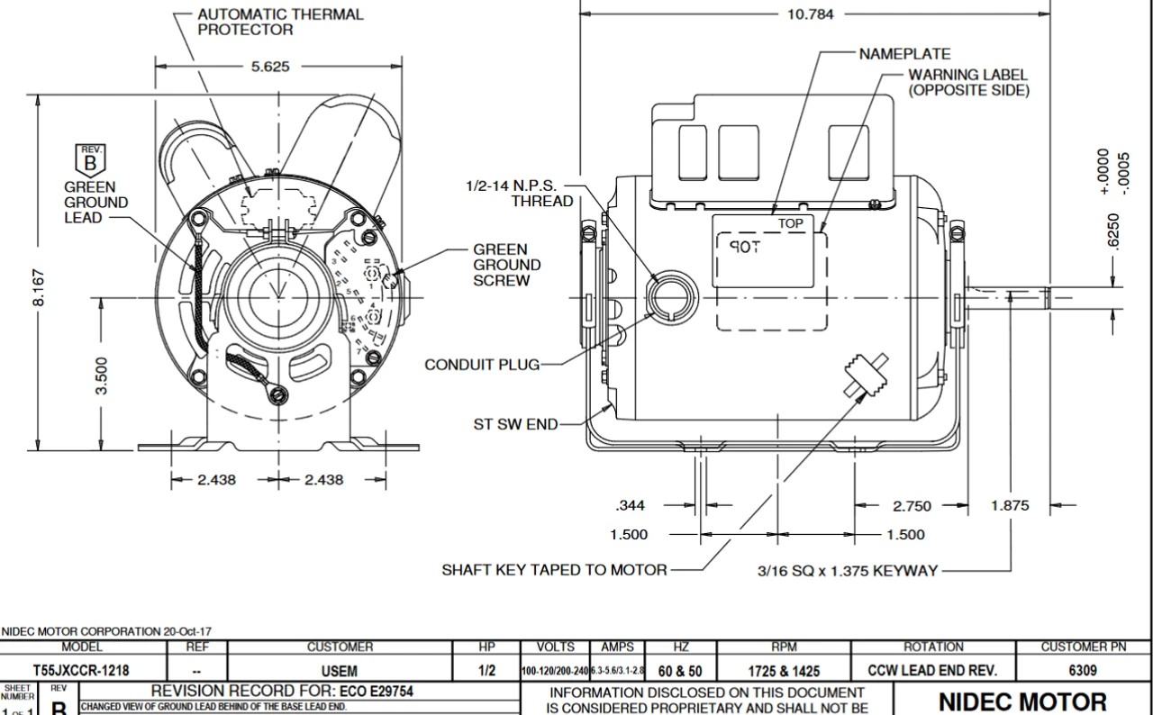 6309 Nidec 1/2 Hp 1800 RPM 100-120/200-240V 5.6" Dia. (Base) 1-Speed ODP Belt Drive Motor 4 6309 Nidec 1/2 Hp 1800 RPM 100-120/200-240V 5.6" Dia. (Base) 1-Speed ODP Belt Drive Motor - Image 2