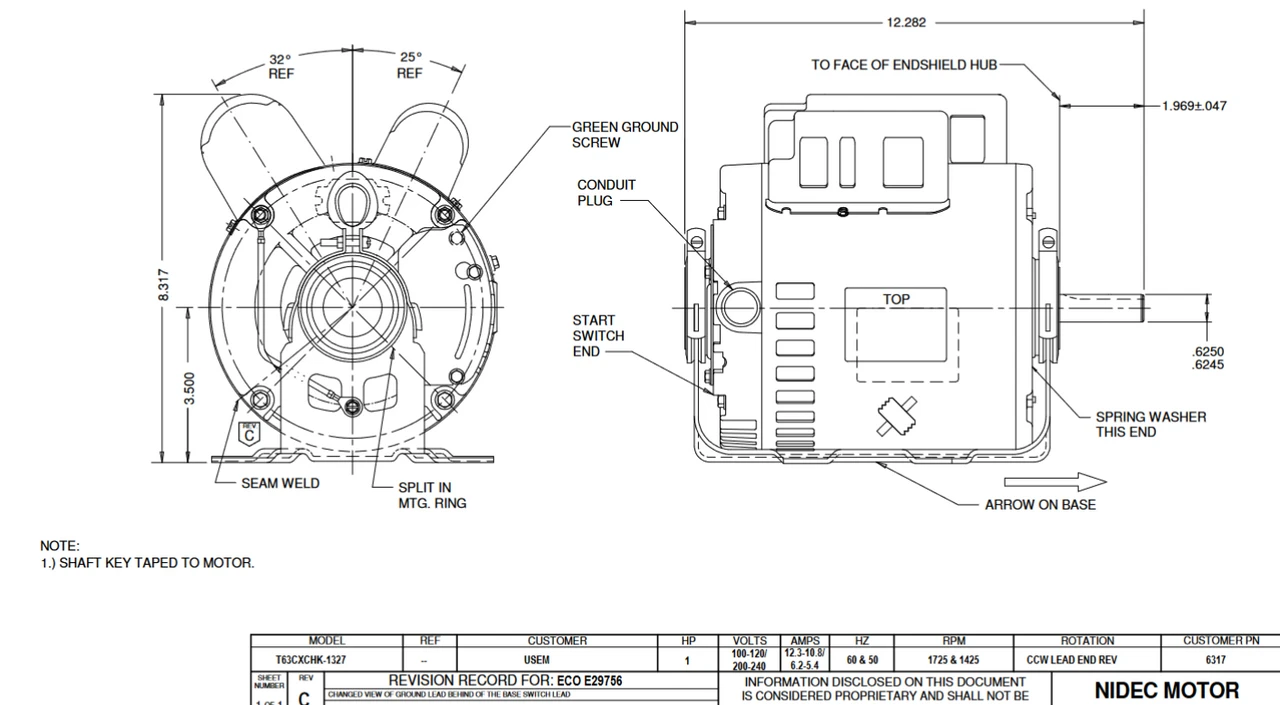 6317 Nidec 1 Hp 1800 RPM 100-120/200-240V 5.6" Dia. (Base) 1-Speed ODP Belt Drive Motor 4 6317 Nidec 1 Hp 1800 RPM 100-120/200-240V 5.6" Dia. (Base) 1-Speed ODP Belt Drive Motor - Image 2