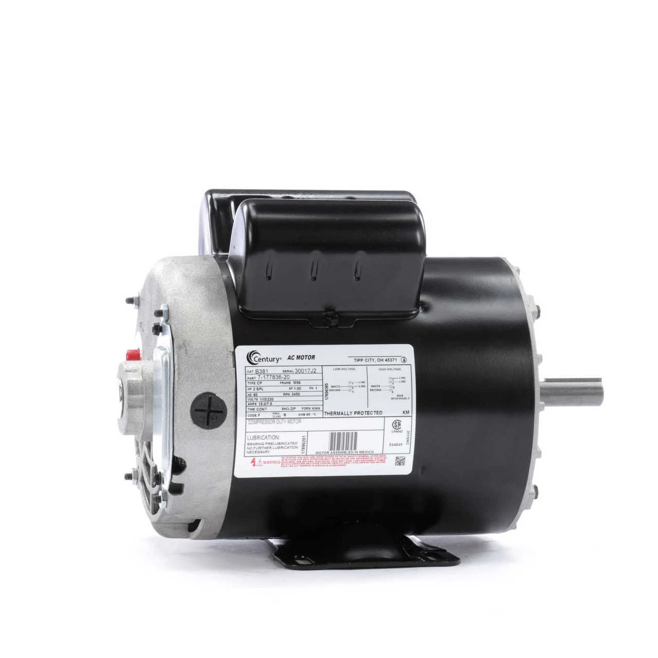 B381 Century 2 HP SPL 3450 RPM M56 Frame 115/230V Air Compressor Motor - Century #B381 4 B381 Century 2 HP SPL 3450 RPM M56 Frame 115/230V Air Compressor Motor - Century #B381 - Image 2