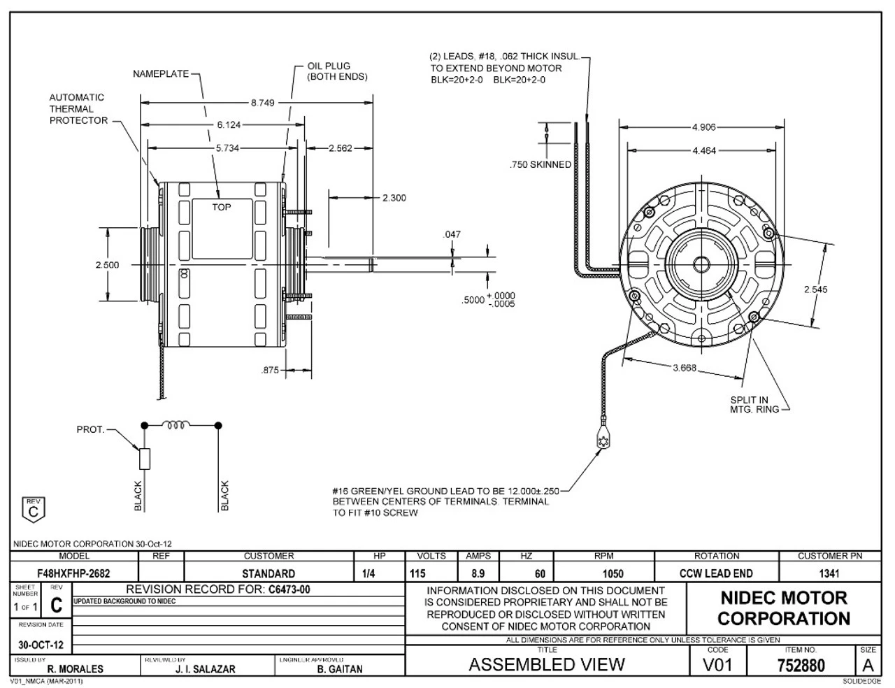 1341 Nidec | 1/4 Hp 1050 RPM 1-Speed 115V; 5.0" Blower Motor 4 1341 Nidec | 1/4 Hp 1050 RPM 1-Speed 115V; 5.0" Blower Motor - Image 2