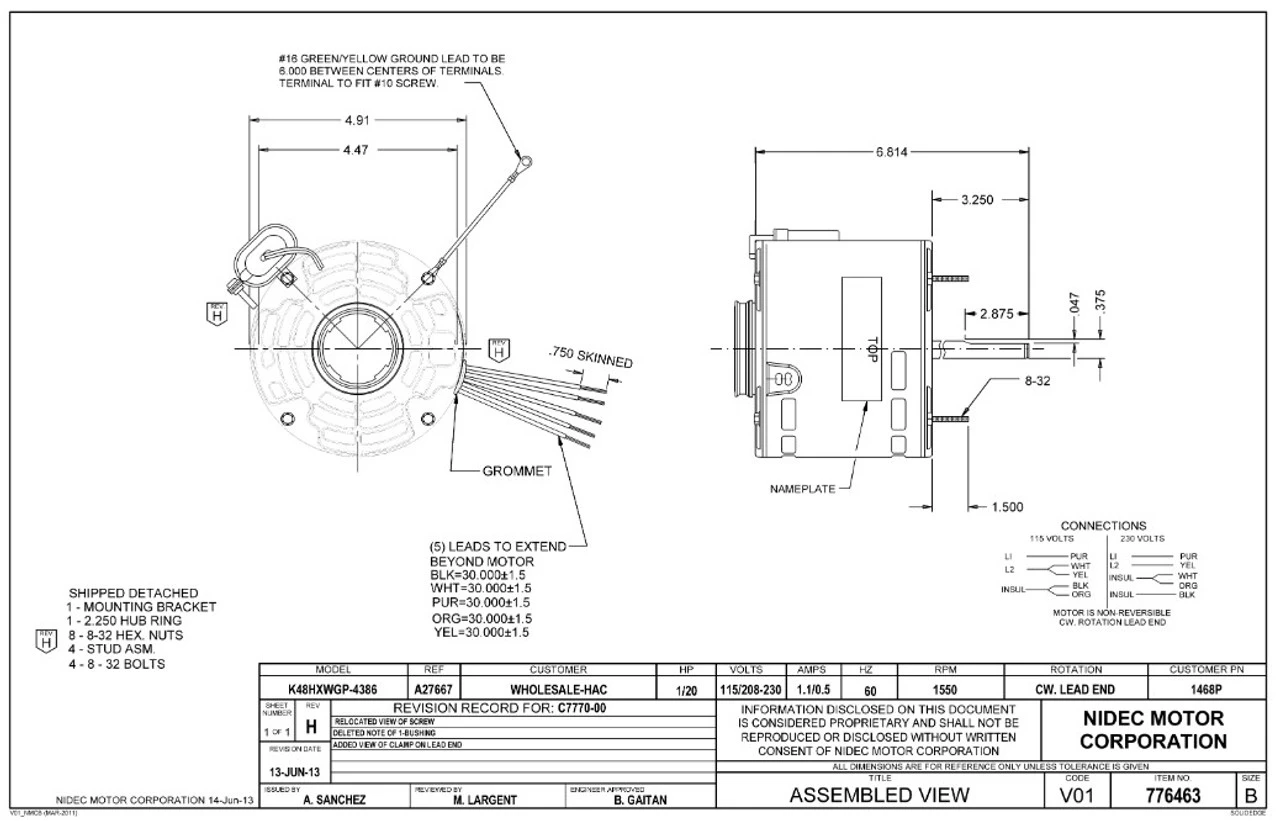 1468P Nidec | 1/20 Hp 1550 RPM 1-Speed 115/208-230V; 5.6" Blower Motor 6 1468P Nidec | 1/20 Hp 1550 RPM 1-Speed 115/208-230V; 5.6" Blower Motor - Image 4