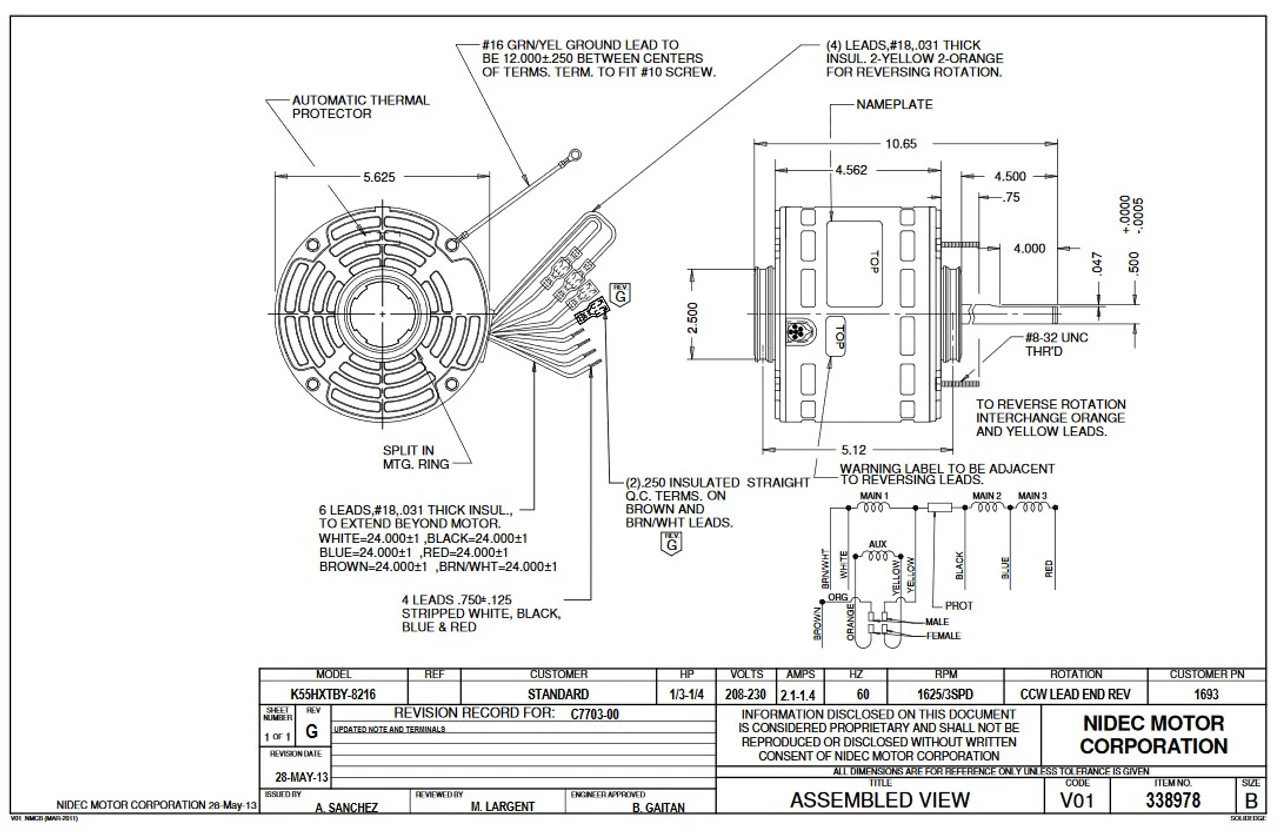 1693 Nidec | 1/3 Hp 1625 RPM 3-Speed 208-230V; 5.6" Blower Motor 4 1693 Nidec | 1/3 Hp 1625 RPM 3-Speed 208-230V; 5.6" Blower Motor - Image 2