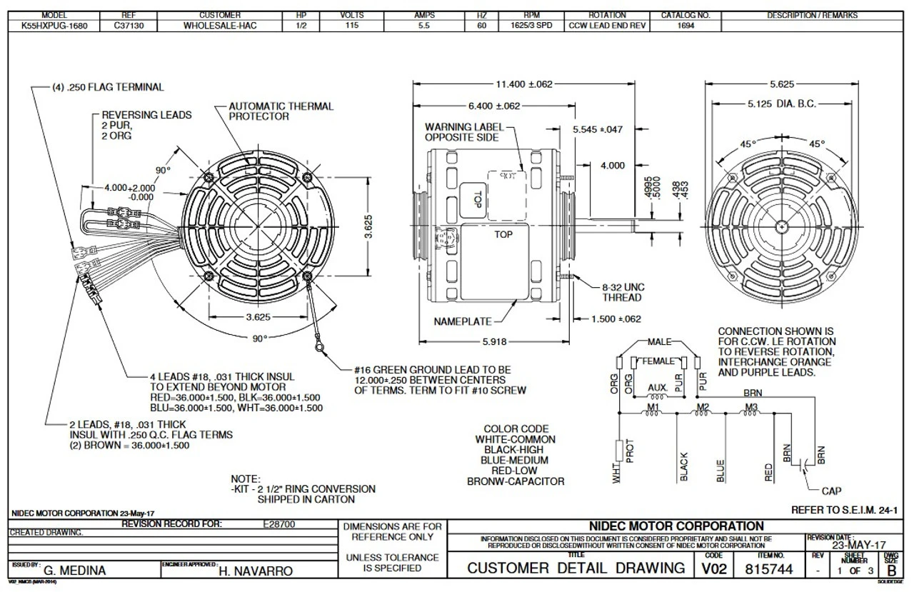 1694 Nidec | 1/2 Hp 1625 RPM 3-Speed 115V; 5.6" Blower Motor 4 1694 Nidec | 1/2 Hp 1625 RPM 3-Speed 115V; 5.6" Blower Motor - Image 2