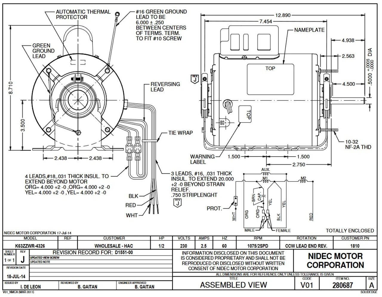 1810 Nidec | 1/2 Hp 1075 RPM 1-Speed 230V; 5.6" Blower Motor 4 1810 Nidec | 1/2 Hp 1075 RPM 1-Speed 230V; 5.6" Blower Motor - Image 2