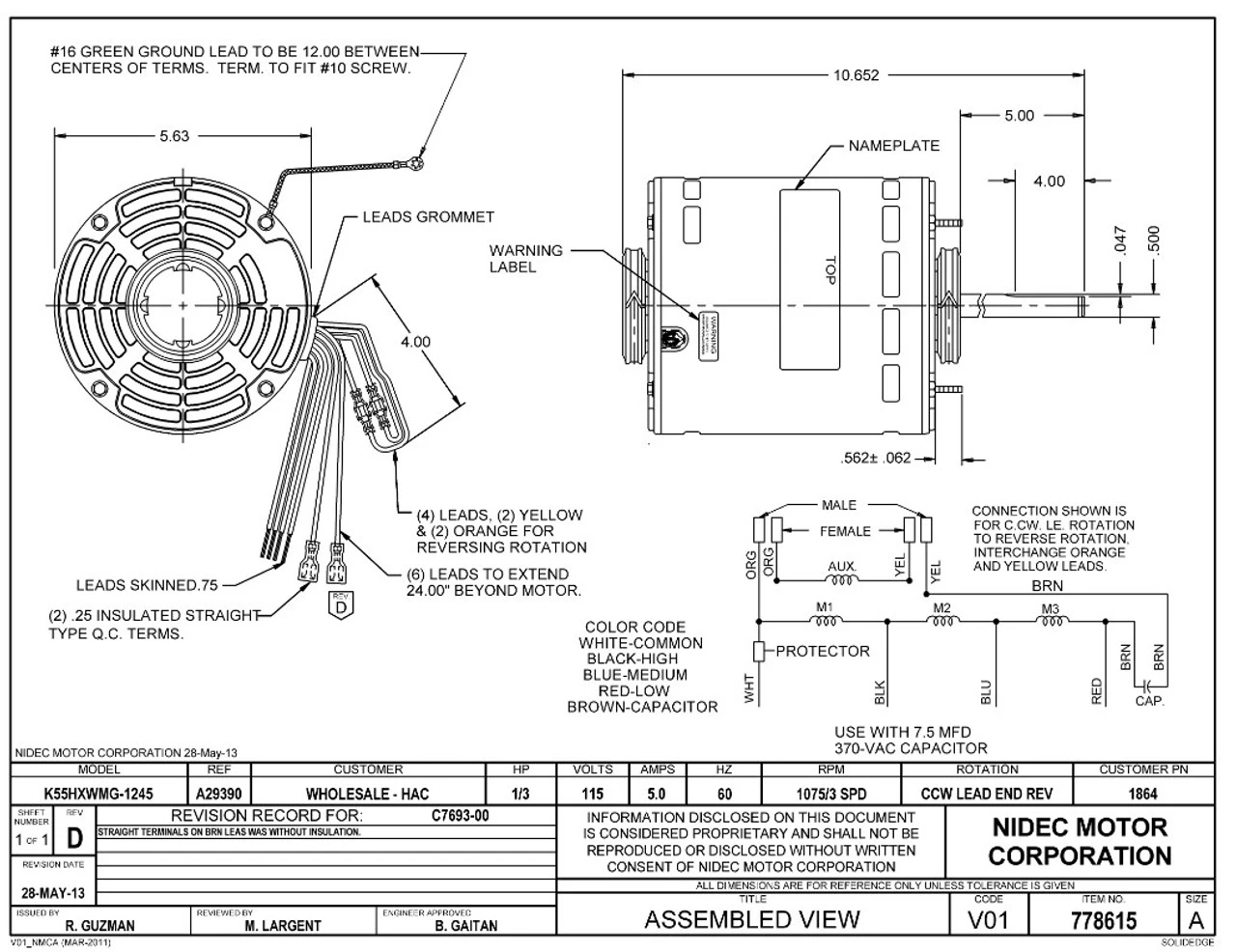 1864 Nidec | 1/3 Hp 1075 RPM 3-Speed 115V; 5.6" Blower Motor 4 1864 Nidec | 1/3 Hp 1075 RPM 3-Speed 115V; 5.6" Blower Motor - Image 2