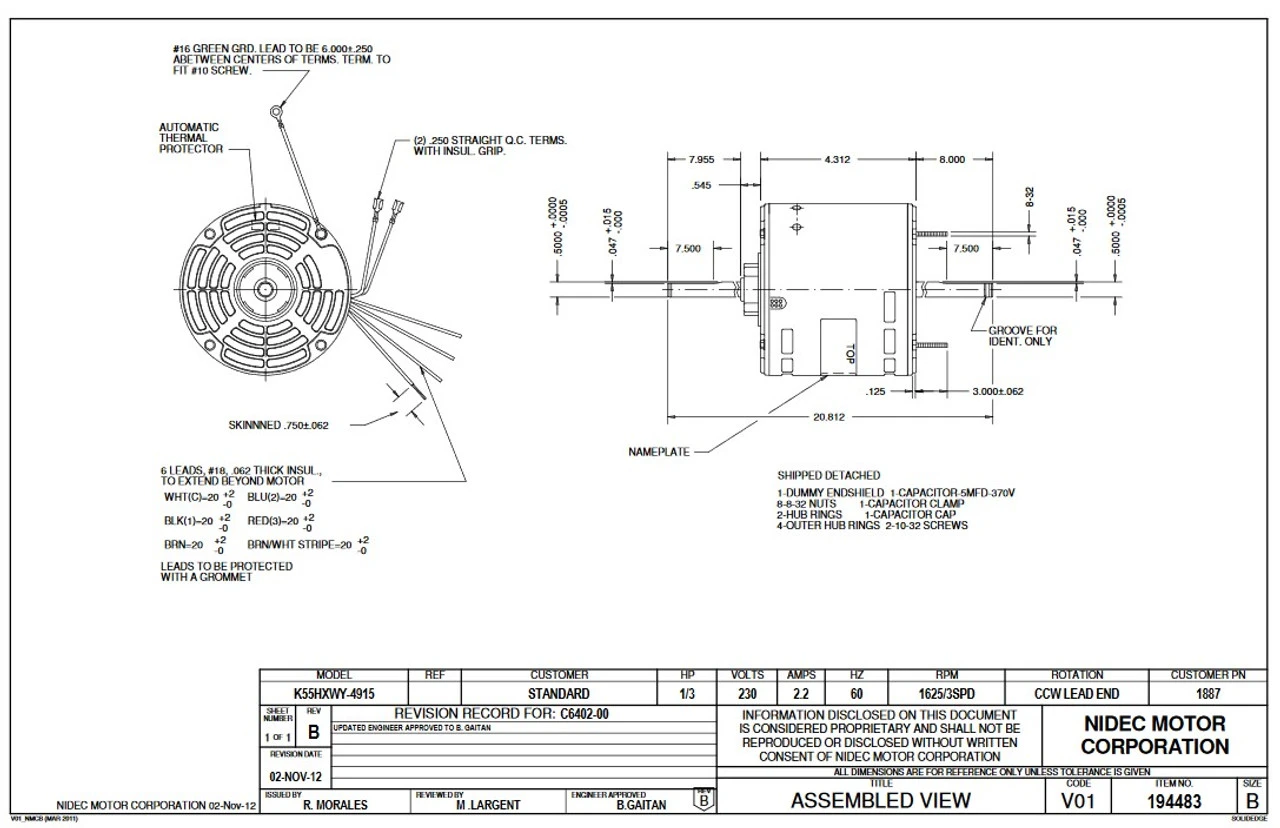 1887 Nidec | 1/3 Hp 1625 RPM 3-Speed 230V; 5.6" Blower Motor 5 1887 Nidec | 1/3 Hp 1625 RPM 3-Speed 230V; 5.6" Blower Motor - Image 3