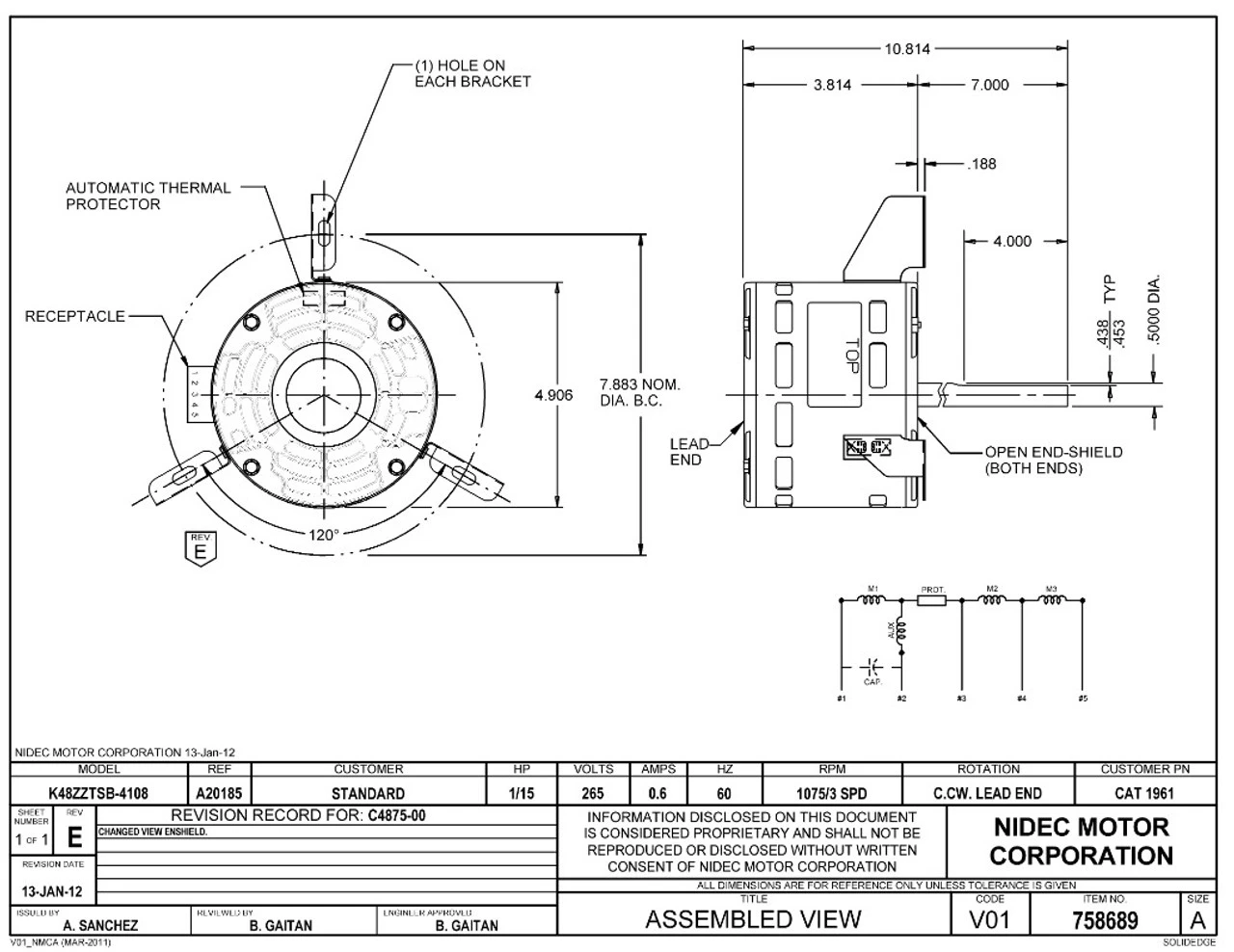 1961 Nidec | 1/25 Hp 1075 RPM 3-Speed 265V; 5" Blower Motor 4 1961 Nidec | 1/25 Hp 1075 RPM 3-Speed 265V; 5" Blower Motor - Image 2