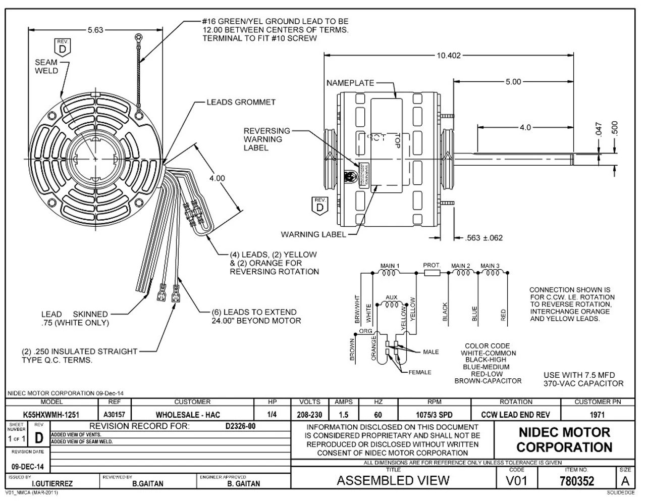 1971 Nidec | 1/4 Hp 1075 RPM 3-Speed 208-230V; 5.6" Blower Motor 4 1971 Nidec | 1/4 Hp 1075 RPM 3-Speed 208-230V; 5.6" Blower Motor - Image 2