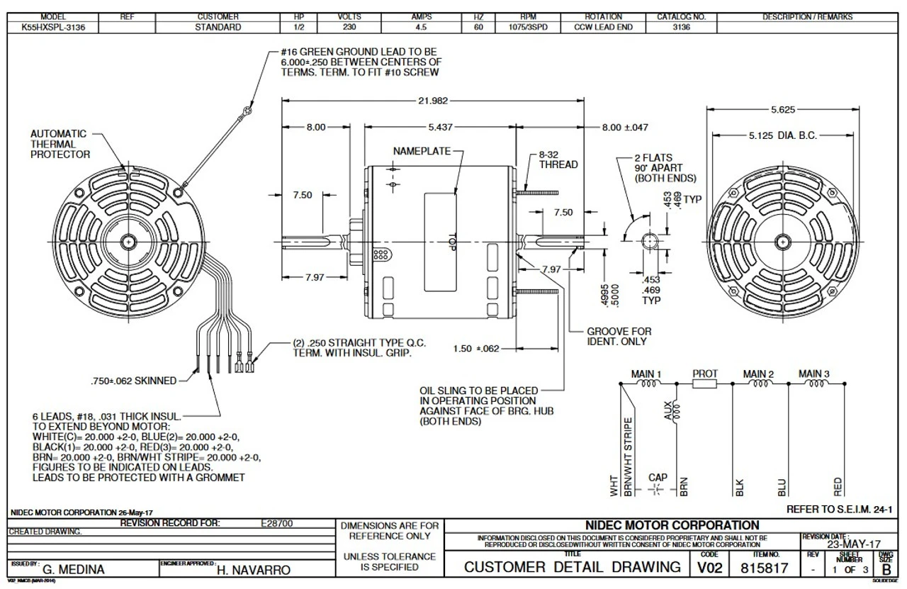 3136 Nidec | 1/2 Hp 1075 RPM 3-Speed 230V; 5.6" Blower Motor 4 3136 Nidec | 1/2 Hp 1075 RPM 3-Speed 230V; 5.6" Blower Motor - Image 2