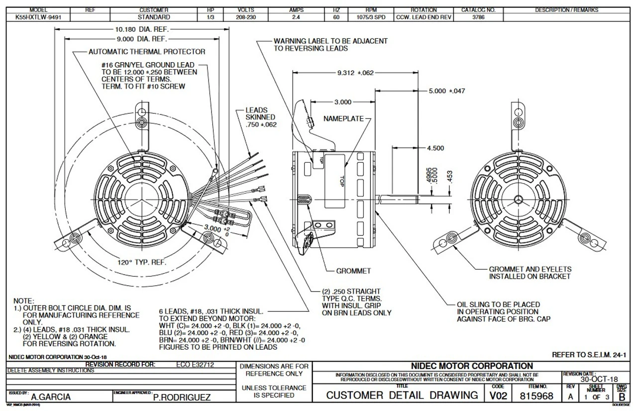 3786 Nidec | 1/3 Hp 1075 RPM 3-Speed 208-230V; 5.6" Blower Motor 4 3786 Nidec | 1/3 Hp 1075 RPM 3-Speed 208-230V; 5.6" Blower Motor - Image 2