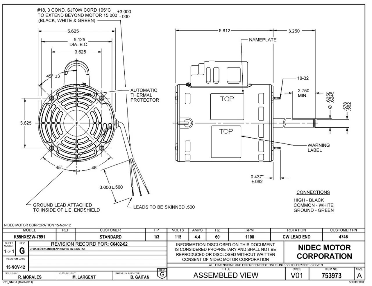4746 Nidec | 1/3 Hp 1100 RPM 1-Speed 115V; 5.0" Blower Motor 4 4746 Nidec | 1/3 Hp 1100 RPM 1-Speed 115V; 5.0" Blower Motor - Image 2