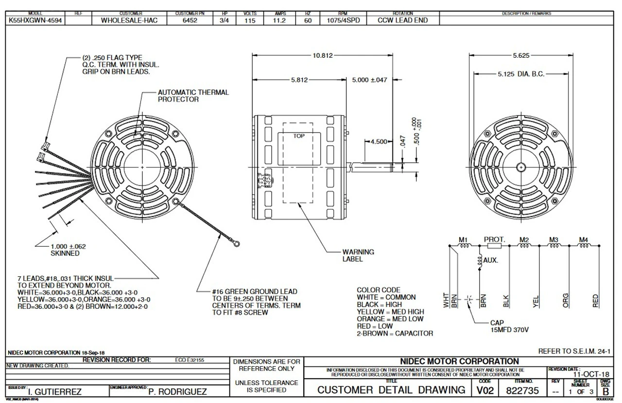 6452 Nidec | 3/4 Hp 1075 RPM 4-Speed 115V; 5.6" Blower Motor 4 6452 Nidec | 3/4 Hp 1075 RPM 4-Speed 115V; 5.6" Blower Motor - Image 2