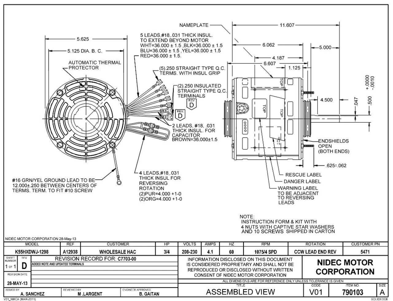 5471 Nidec | 3/4 Hp 1075 RPM 4-Speed 208-230V; 5.6" Blower Motor 4 5471 Nidec | 3/4 Hp 1075 RPM 4-Speed 208-230V; 5.6" Blower Motor - Image 2