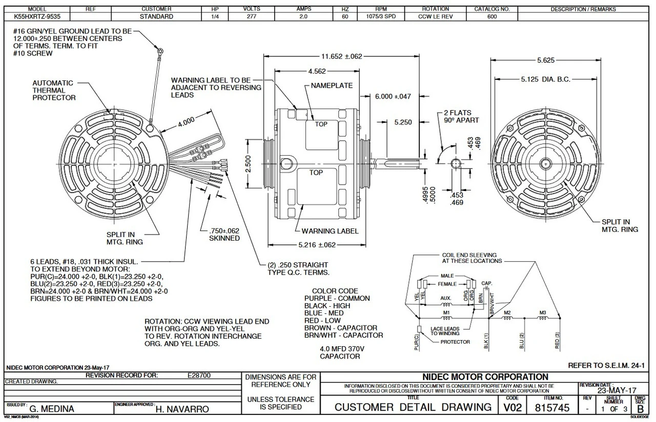 600 Nidec | 1/4 Hp 1075 RPM 3-Speed 277V; 5.6" Blower Motor 4 600 Nidec | 1/4 Hp 1075 RPM 3-Speed 277V; 5.6" Blower Motor - Image 2
