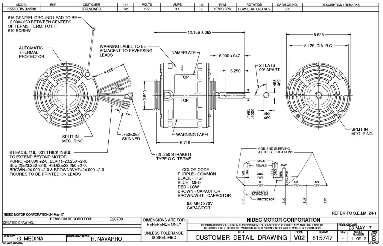 602 Nidec | 1/2 Hp 1075 RPM 3-Speed 277V; 5.6" Blower Motor 4 602 Nidec | 1/2 Hp 1075 RPM 3-Speed 277V; 5.6" Blower Motor - Image 2